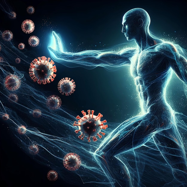 Silhouette of human body fighting viruses and showing immune system