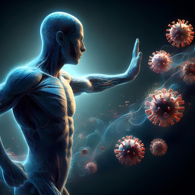 Silhouette of human body fighting viruses and showing immune system