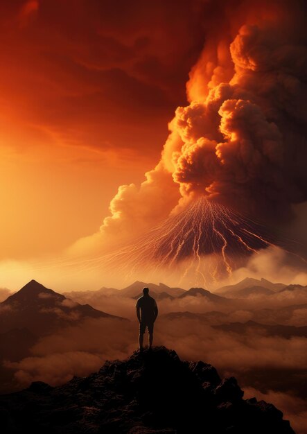 Silhouette of human standing in front of active vulcano with smoke nature