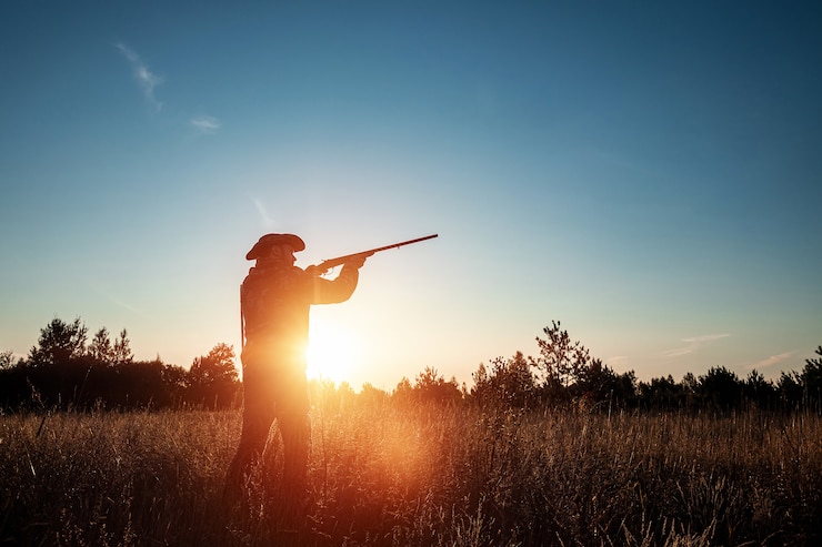 Photo 美しい夕日に彼の手で銃を持つカウボーイハットでハンターのシルエット