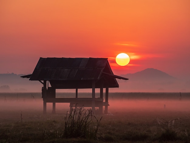 Silhouette of hut on the meadow and the morning mist