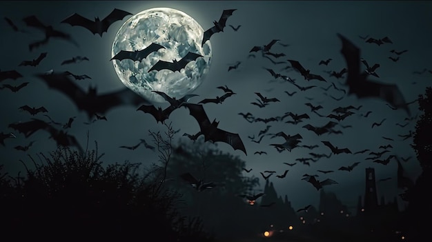 Silhouette illustration of a group of bats against the backdrop of the night sky