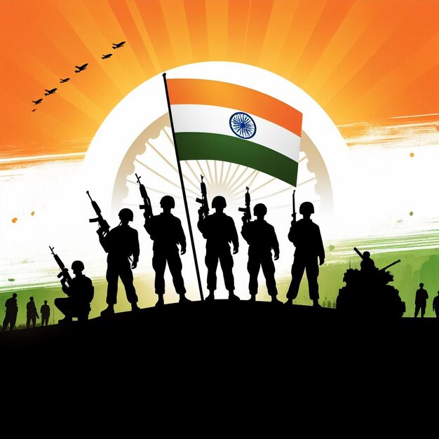 Иллюстрация силуэта индийской армии с флагом на фоне Счастливого Дня Республики