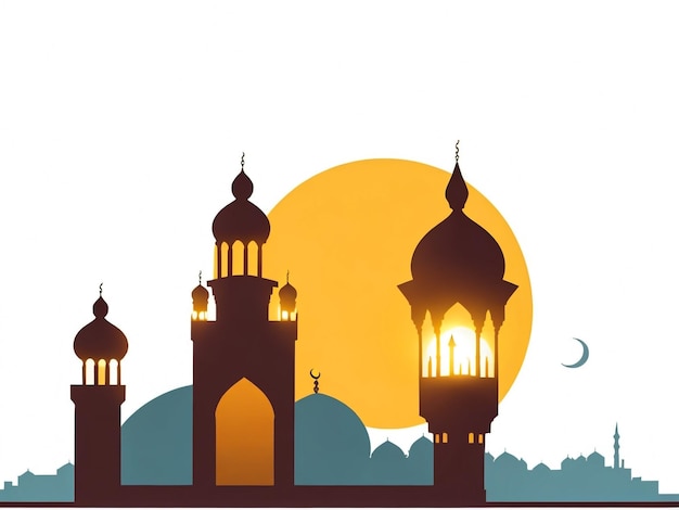 silhouette illustration of a mosque with a background of twilight and white clouds and a chandelier