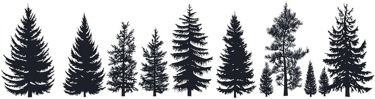 Photo silhouette illustrations of different evergreen trees in black and white generative ai