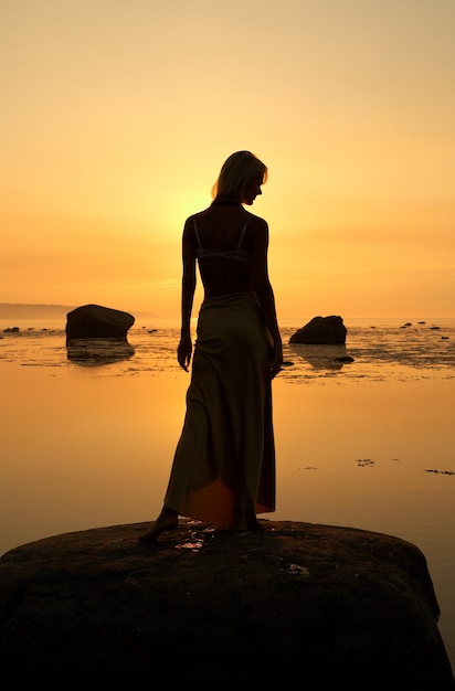 silhouette image of beautiful lady at the seashore