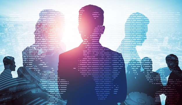 Silhouette image of business people group on city background