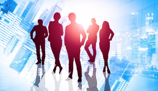 Silhouette image of business people group on city background