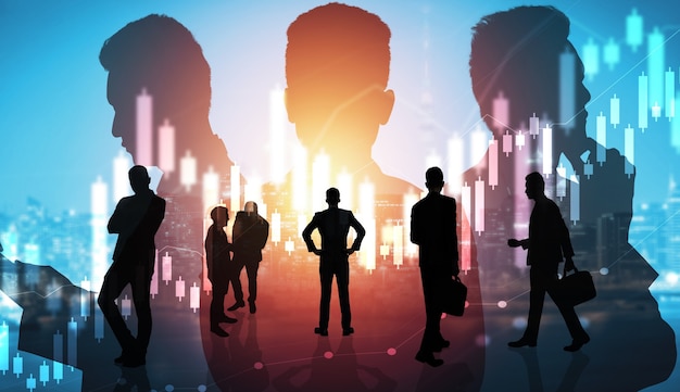 Silhouette image of business people group on city background
