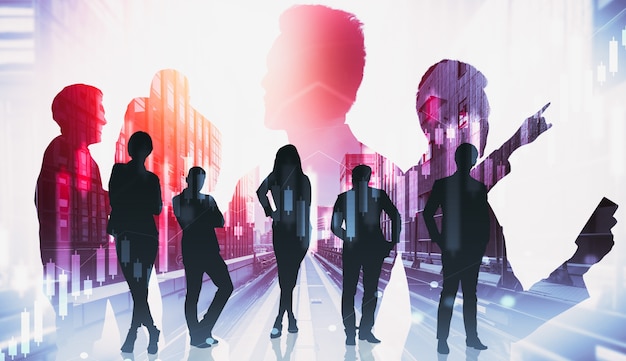 Silhouette image of business people group on city background