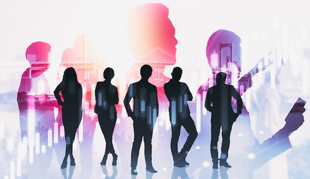 Silhouette image of business people group on city background