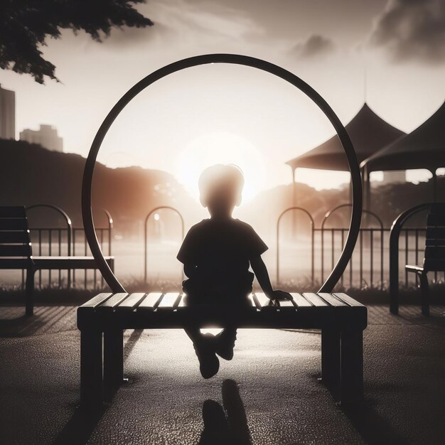 Foto immagine di silhouette di un bambino seduto nel parco