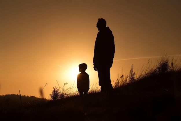 silhouette image of father and son stand in front of a sunset