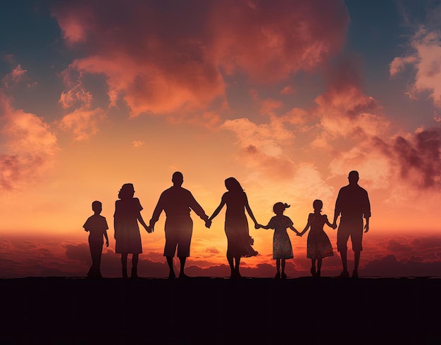 silhouette image of a group of people holding hands while at sunset in the style of restored