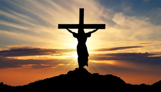 Photo silhouette of jesus christ and cross at sunset