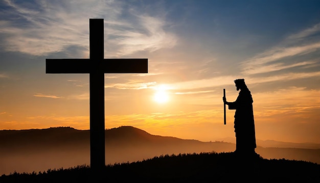Foto silhouette di gesù cristo e croce al tramonto