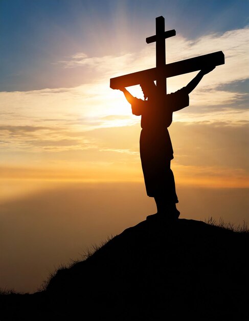 Photo silhouette of jesus christ and cross at sunset