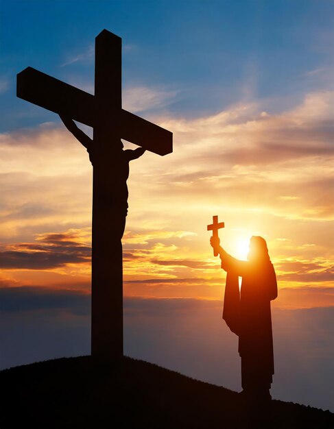 Foto silhouette di gesù cristo e croce al tramonto