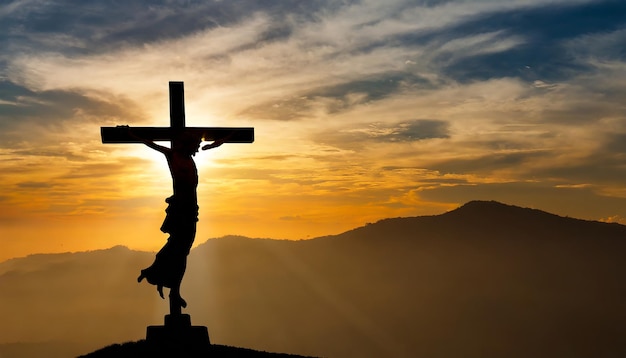 Photo silhouette of jesus christ and cross at sunset