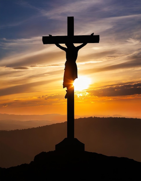 Silhouette of jesus christ and cross at sunset