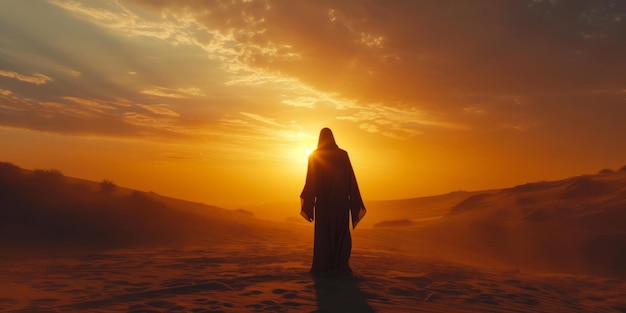 Silhouette Of Jesus Christ In Desert Against Stunning Sunset