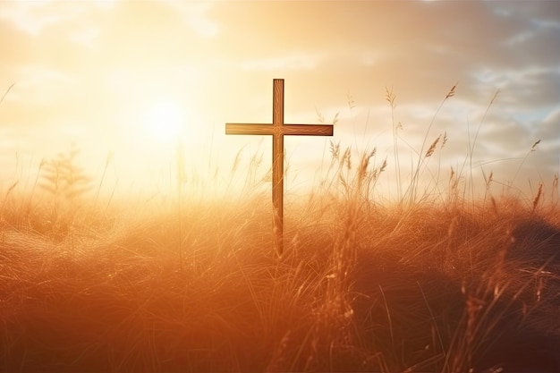 秋の草原の日の出時のイエス・キリストの十字架のシルエット