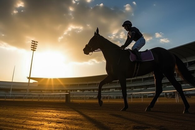 Silhouette of jockey and his horse Horse races at stadium Created with Generative Ai Technology