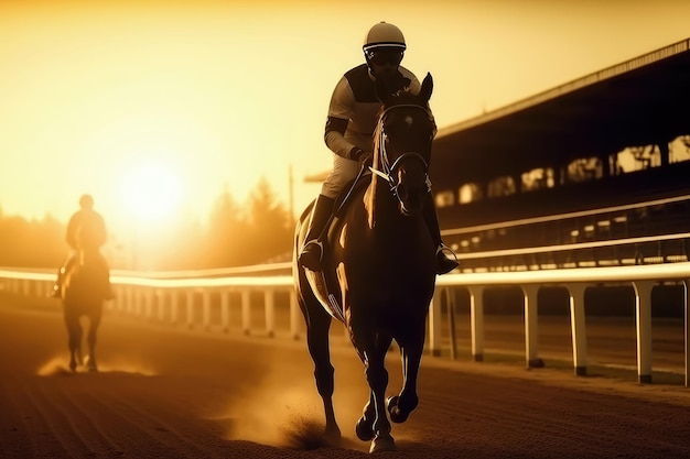 Silhouette of jockey and his horse Horse races at stadium Created with Generative Ai Technology