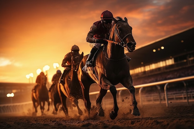 Silhouette of jockey and his horse Horse races at stadium Created with Generative Ai Technology