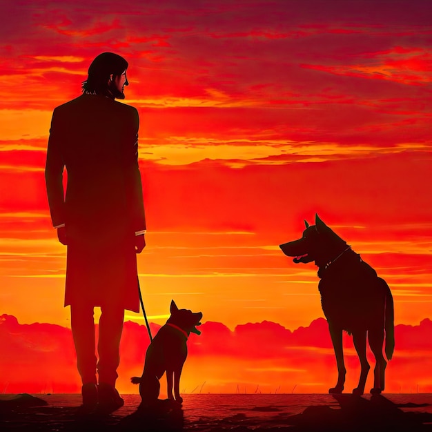 Silhouette of John Wick with his dog on the sunset background