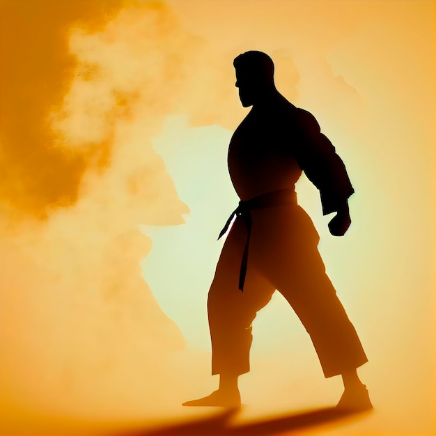 Foto silhouette di un karateka su uno sfondo astratto colorato