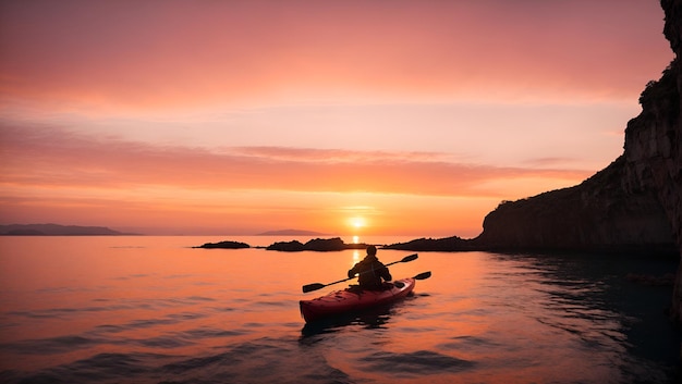 a silhouette of a kayak off a cliff on during a beautiful sunset with a little pink and orange suns