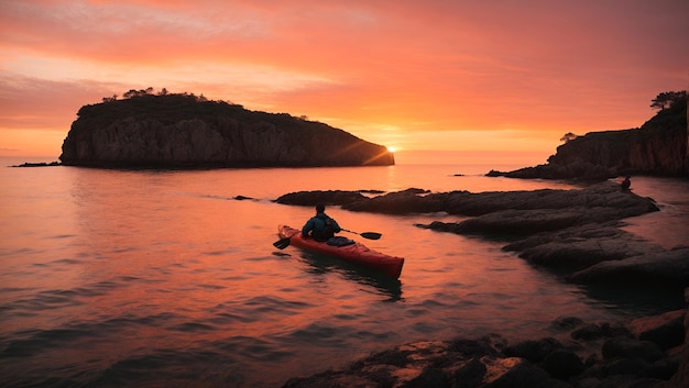 a silhouette of a kayak off a cliff on during a beautiful sunset with a little pink and orange suns