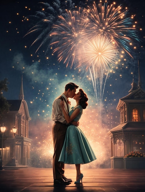 A silhouette of a kissing couple in front of a huge fireworks display