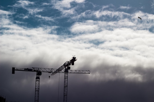 Silhouette kranen op de bouwplaats tegen een bewolkte lucht