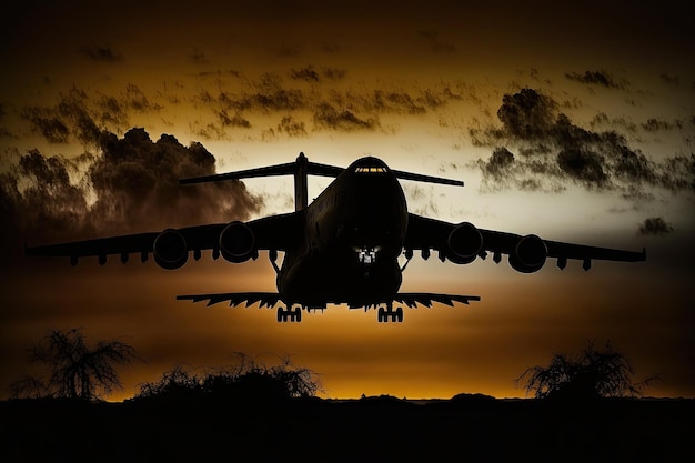 Silhouette of a landing aircraft against a dusky sky