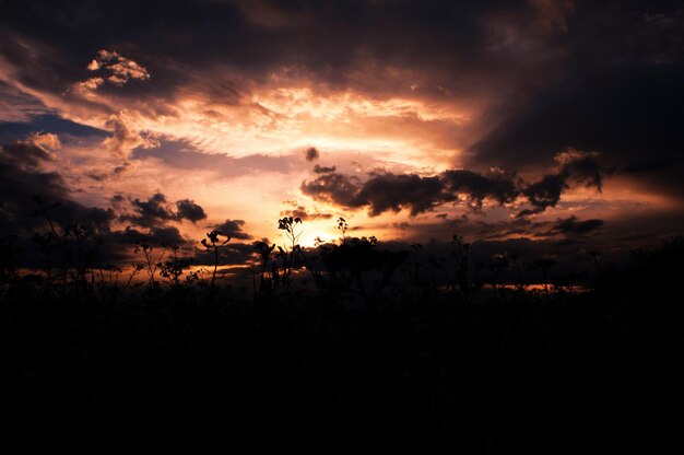 Photo silhouette landscape against dramatic sky during sunset