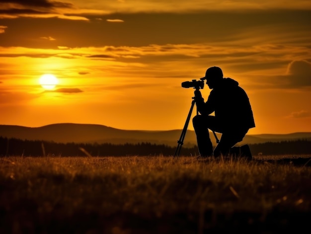 Силуэт пейзажного фотографа с камерой на штативе на закате