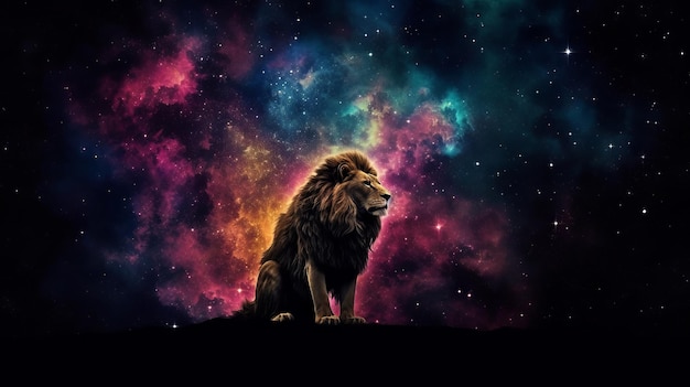 Photo silhouette lion in colorful space galaxy cloud nebula stary night cosmos universe science