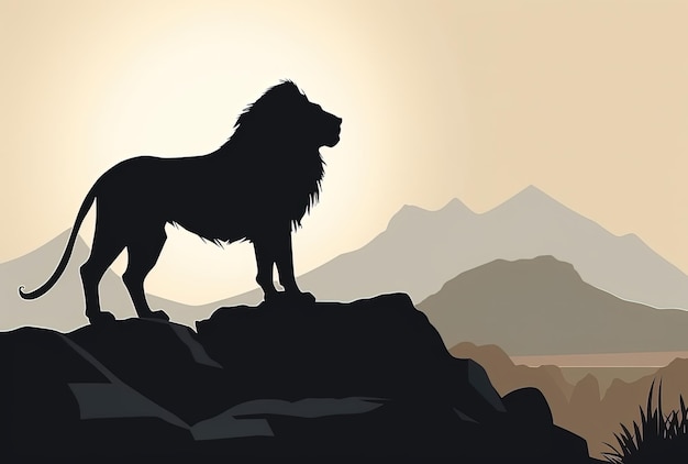 A silhouette of a lion stands on a rock in front of a mountain.