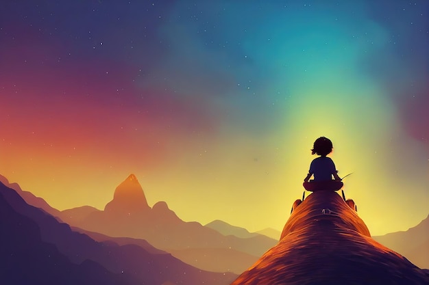 The silhouette of a little girl The girl is sitting on a rock and looking at the sun Digital art style illustration painting