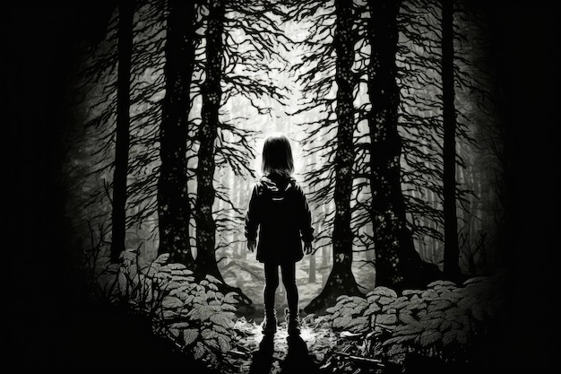 Silhouette of lone little girl in forest Generative AI