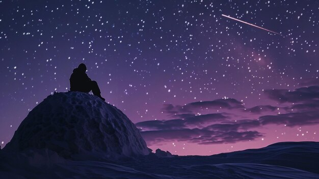 Photo the silhouette of a lone traveler sitting atop their igloo gazing wistfully at the shooting stars