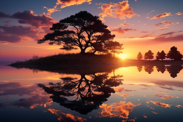 Silhouette of a lone tree against a vibrant sunset