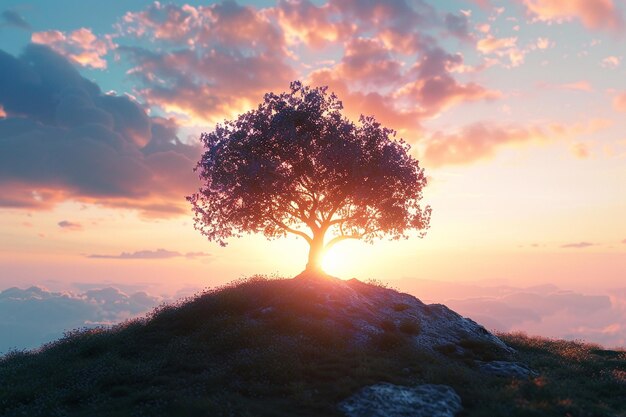 Silhouette of a lone tree on a hill at sunset octa