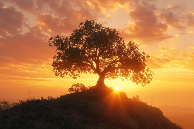 Silhouette of a lone tree on a hill at sunset octa