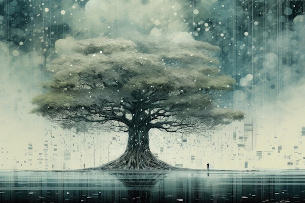 Silhouette of lonely tree Fantasy landscape with old magic tree Concept of sadness depression and mental problems