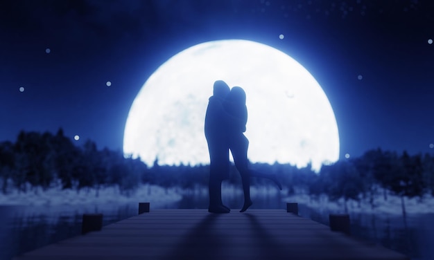 Silhouette Lovers Kissing Romantically 満月と空いっぱいの星がある