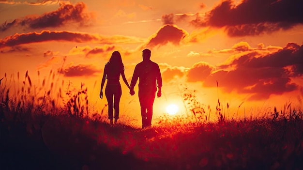 Silhouette of lovers walks hand At sunset Valentines Day