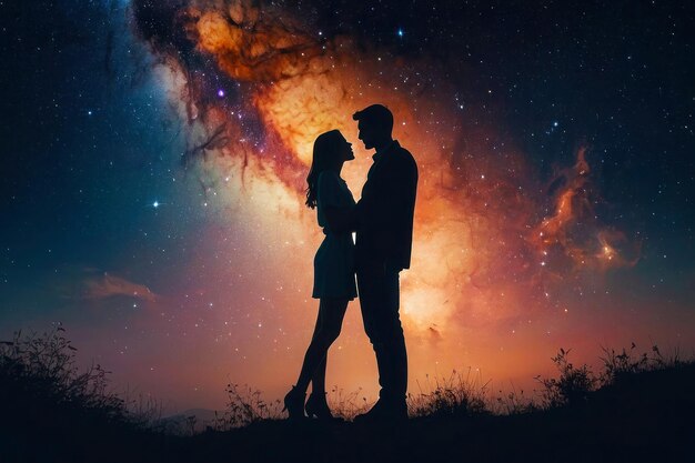 Silhouette of a loving couple holding and looking at each other Cosmic background